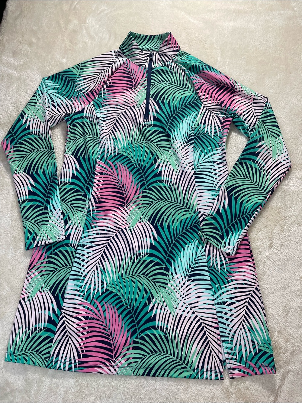 Tommy Bahama Golf Long Sleeve Half Zip Mini Dress M NWT UPF Tropical Green/Pink